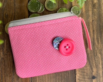 Monedero de tela rosa hecho a mano Cartera de dinero con cremallera irregular Lunares con botones Bolsa de tarjeta acolchada y forrada Idea de regalo navideño