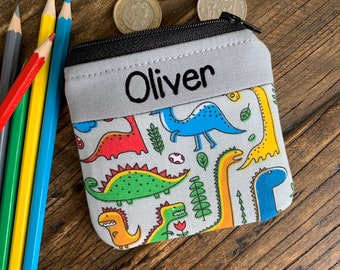 Handmade fabric personalised kids dinosaur coin purse pouch Money wallet named for children boy or girl, small gift free UK delivery