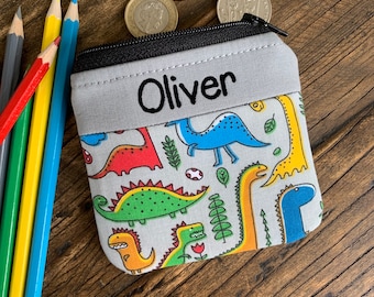 Monedero de dinosaurio personalizado para niños, monedero para cualquier nombre, mini bolso de tela con cremallera para la vuelta al cole hecho a mano y personalizado