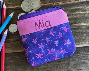 Monedero de tela con estrellas personalizado, bolsa con cremallera con nombre y purpurina personalizada, monedero de tela rosa hecho a mano para la vuelta al cole para niñas y niños