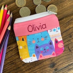 Porte-monnaie plat pour enfant personnalisé Pochette zippée en tissu à imprimé animal Portefeuille avec nom pour fille pour la rentrée des classes Idée cadeau