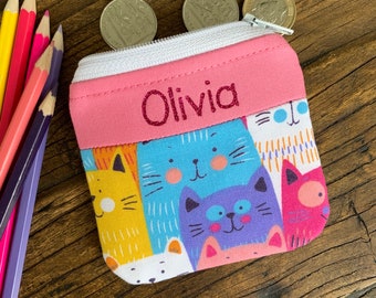 Personalised Сat coin purse Fabric animal pouch money wallet children kids girl Gift idea