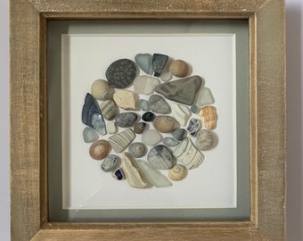 Sea Glass Sea Shell Sea Pottery and Pebble framed  art - Unique handmade blue themed gift