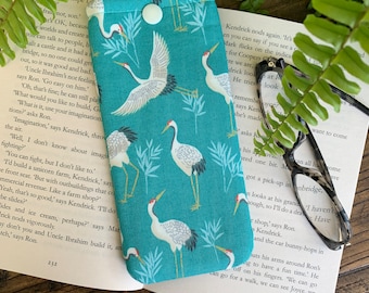 Handmade Stork fabric glasses case Wading bird sunglasses soft pouch Spectacle cover Japanese style Eyeglass padded snap pocket gift idea