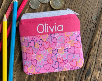 Personalised glitter lettering pink heart coin purse Fabric pouch wallet for children kids boy or girl, small gift with free UK delivery