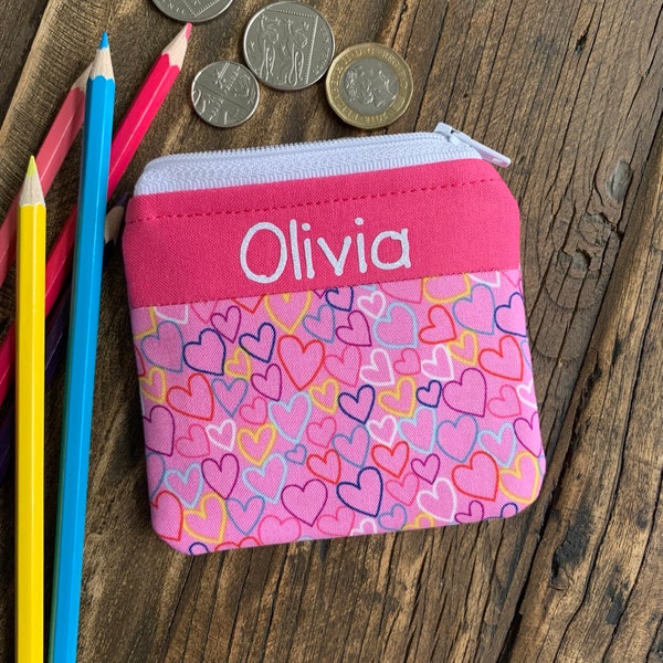 Personalised glitter lettering pink heart coin purse Fabric pouch wallet for children kids boy or girl, small gift with free UK delivery