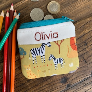 Porte-monnaie Safari personnalisé pour enfants Pochette zippée en tissu animal Mini sac Lion pour enfants Portefeuille pour la rentrée scolaire Tigre Zèbre léopard Girafe