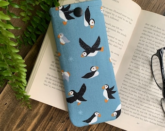 Handmade Puffin Fabric Glasses Case Bird Spectacles Snap Pouch Soft Eyeglass Sunglasses Bag Ornithologist Nature Wildlife Coastal Gift