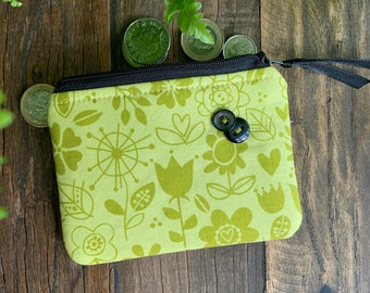 Monedero de tela de flores hecho a mano Cartera de dinero con cremallera floral Bolsa de tarjeta verde Idea de regalo de jardineros