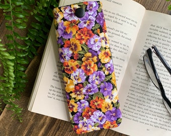 Handmade SLIM Pansy fabric glasses case Flower sunglasses snap pouch Spectacle soft cover Floral Viola eyeglass bag Gardener gift idea