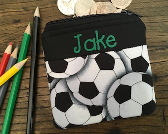 Monedero de fútbol personalizado para niños, monedero deportivo con cremallera, bolso escolar con nombre personalizado, regalo hecho a mano para niños y niñas.
