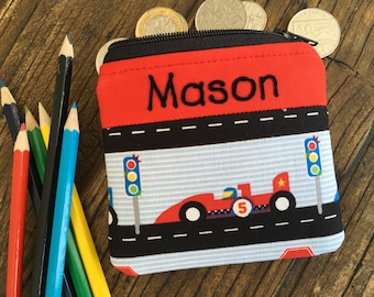 Personalised kids racing car coin purse Handmade zip pouch Any name Children's motor vehicle money wallet Custom back to school gift