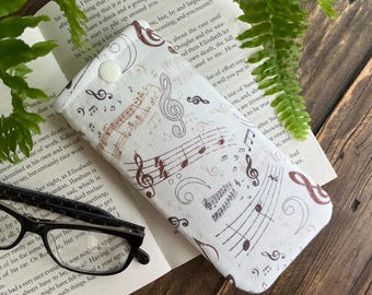 Estuche para gafas de tela con estampado musical hecho a mano, estilo vintage, con cierre a presión, funda blanda para gafas, bolsa para gafas, regalo para músicos.