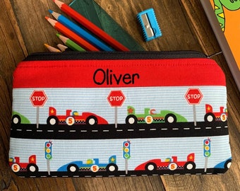 Personalised Racing Car pencil case Handmade back to school zip pouch Children’s Custom wallet Any name Boy or Girl stationery pouch