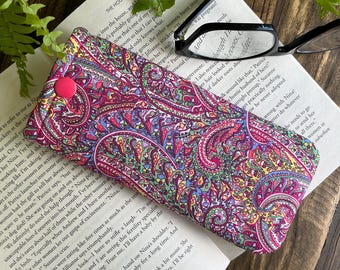 Estuche para gafas Liberty Tana Lawn hecho a mano, de tela rosa, con cierre a presión, funda suave para gafas, con estampado tropical de cachemira, regalo navideño