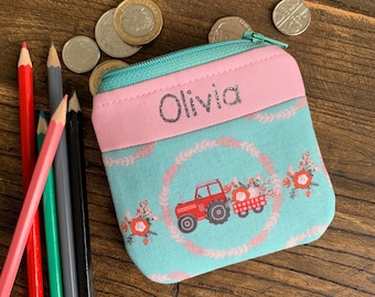 Personalised Tractor coin purse Handmade Farm vehicle pouch / wallet children kids boy or girl, small gift free UK delivery