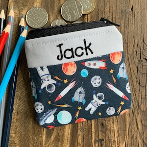 Porte-monnaie personnalisé astronaute pour enfants Pochette zippée en tissu faite main sur mesure pour fusée spatiale
