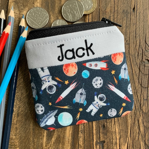 Personalised Kids Astronaut coin purse Handmade custom space rocket fabric zip pouch Any name Children's planet back to school money wallet