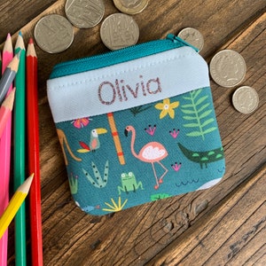 Monedero de tela personalizado con diseño de jungla, diseño de flamenco, rana, leopardo y serpiente, para niños y niñas, regalo pequeño