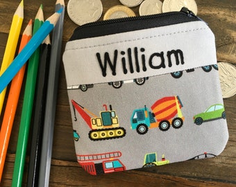 Personalised kids Construction coin purse Any name Vehicle zip pouch Childrens custom Tractor Digger Fire Engine Police car money wallet