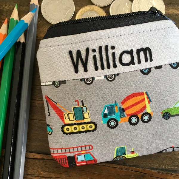 Personalised kids Construction coin purse Any name Vehicle zip pouch Childrens custom Tractor Digger Fire Engine Police car money wallet
