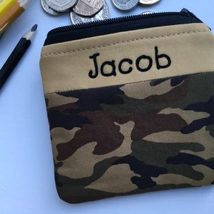 Personalised kids camouflage coin purse Zip pouch Money wallet named for children boy or girl, small gift with free UK delivery