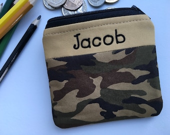 Personalised kids camouflage coin purse Zip pouch Money wallet named for children boy or girl, small gift with free UK delivery