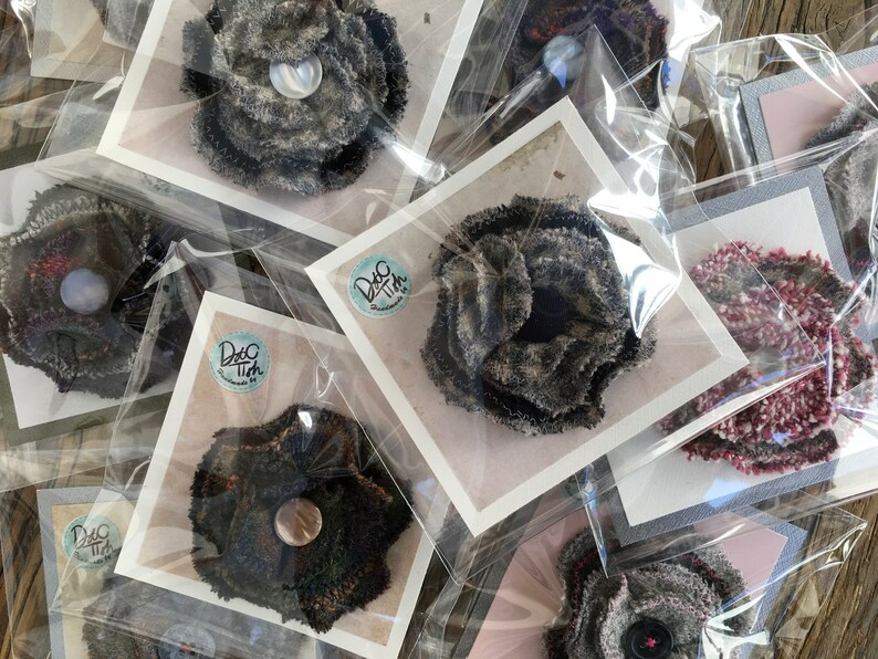 Tweed Flower Brooch Corsage with pin Blue Pink Purple Accessory with button centre Gift for her Under 10