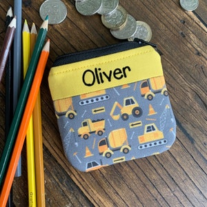 Porte-monnaie personnalisé Digger pour enfants, véhicules de construction, pochette zippée, porte-monnaie personnalisé pour enfants, tout nom, camion de fouille pour la rentrée scolaire
