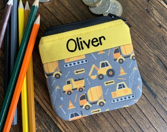 Personalised Digger kids coin purse Construction vehicles zip pouch Custom children’s money wallet Any name back to school excavation truck