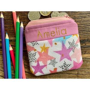Porte-monnaie en tissu étoile avec inscription scintillante personnalisée Pochette zippée en tissu personnalisée Cadeau pour enfant Porte-monnaie scolaire rose fait main pour filles