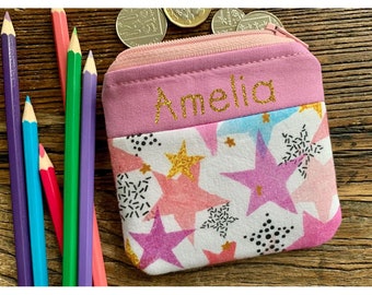 Personalised glitter lettering Star coin purse Fabric pouch wallet for children kids boy or girl, small gift with free UK delivery