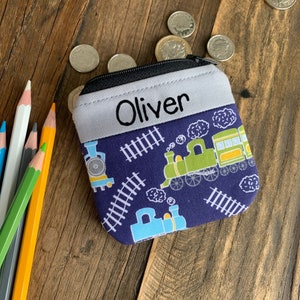 Porte-monnaie personnalisé train à vapeur pour enfants fait main, garçons filles, pochette zippée pour argent, portefeuille personnalisé, cadeau de rentrée pour enfants