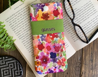 Personalised Flower Show fabric glasses case Handmade Custom floral print snap pouch Gardeners any name eyeglass cover Watercolour soft case