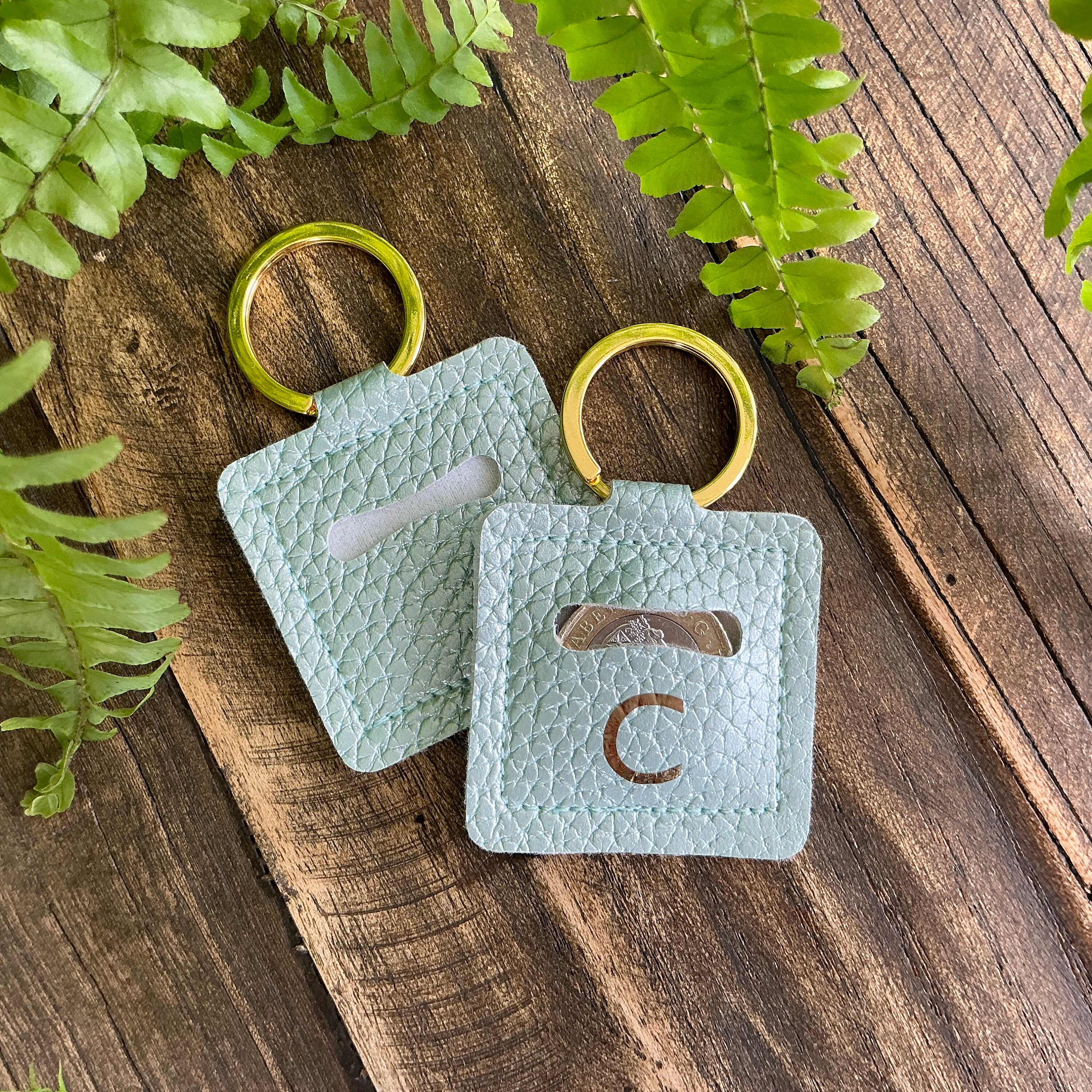 Personalised Trolley Coin Holder Metallic Green Keyring Custom Initial ...