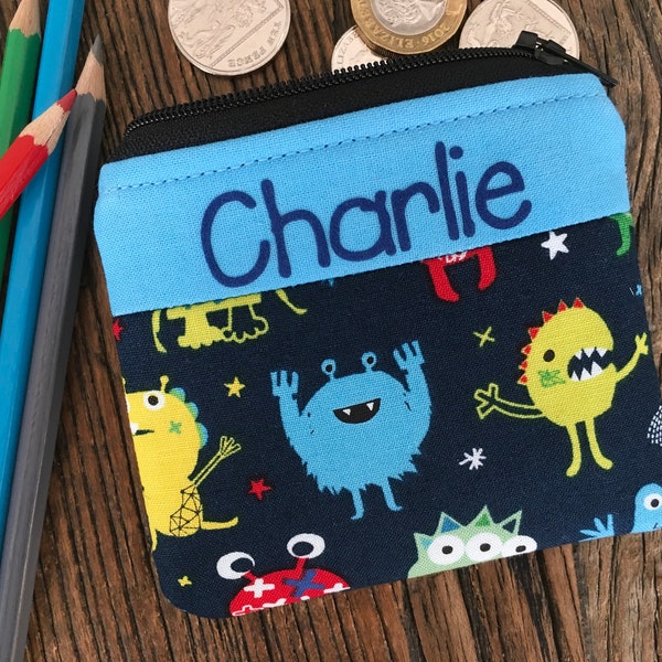 Handmade fabric personalised monster alien coin purse pouch wallet for children boys or girls, small gift free UK delivery