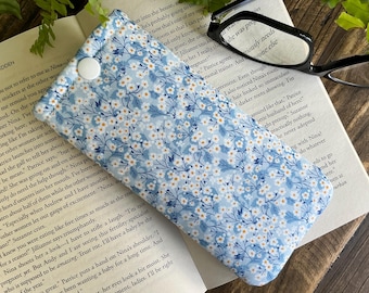 Handmade Blue Liberty Mitsi Tana Lawn Flower Fabric Glasses Case Floral Sunglasses Snap Pouch Soft Spectacle Cover Eyeglass Gardener Gift