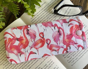 Estuche para gafas de tela con flamencos rosas hecho a mano Estuche con broche para gafas de sol tropicales Funda blanda para gafas Estuche para gafas de pájaro Bolso acolchado para ornitólogo