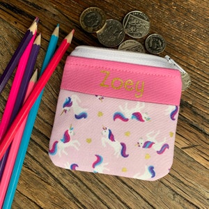 Porte-monnaie personnalisé Licorne Pochette zippée cheval en tissu Portefeuille rose avec tous les noms pour enfants Mini-sac personnalisé pour la rentrée des classes pour enfants Idée cadeau