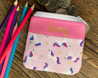 Personalised Unicorn coin purse Fabric Horse zip pouch Kids pink any name money wallet Children’s custom back to school mini bag