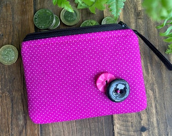 Monedero de tela rosa hecho a mano Cartera de dinero con cremallera irregular Lunares con botones Bolsa de tarjeta acolchada y forrada Idea de regalo navideño