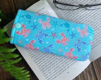 Handmade Crabbing fabric glasses case Crab sunglasses snap pouch Seaside Spectacle padded cover Marine Animal eyeglass pouch Ocean Gift