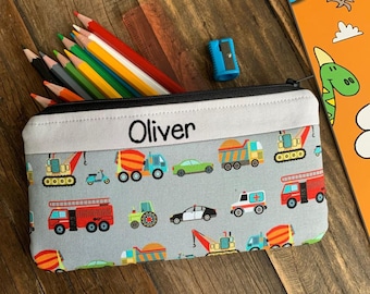 Personalised Construction pencil case Handmade Police Car School zip pouch Kids custom Digger pen wallet Children’s boys Fire Engine gift