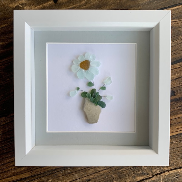 Sea Glass - Sea Pottery framed Flower pot art - Unique handmade floral themed gift