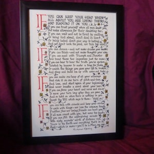 Puede incluir: Impresión enmarcada con el poema "If-" de Rudyard Kipling, con caligrafía ornamental en rojo y negro. El texto está rodeado por un borde floral decorativo, todo dentro de un marco negro.