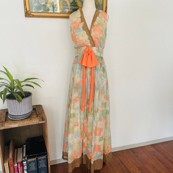 1970s True Vintage flowy orange Maxi gown with impressionist floral Print. soft feminine dress with cross bust. tan and green Maxi Gown boho