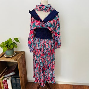 1980s Diane Freis Designer dress with mixed patterns, balloon sleeves, ruched waist and wrap bodice. Georgette. With scarf. Amazing gown