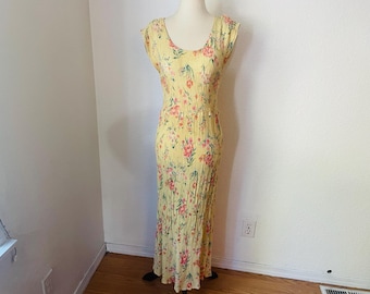 Ruched yellow 1990's does 1930's classic ultra feminine crepey dress.