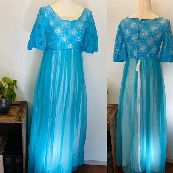Vintage sz M Blue Teal Baby Doll Maxi. Empire waist.  1960s dress. Prom Dress. Bridgerton. Edwardian. Ball gown. Formal Dress. Lacey dress