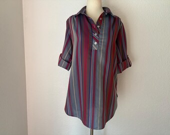 Size M 1980s striped maternity blouse. Red, blue and gray.
